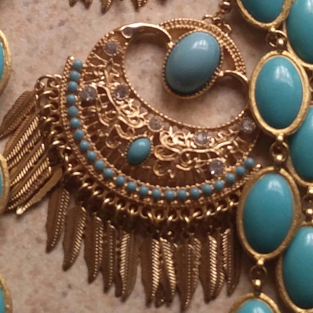3 piece set, Earring necklace bracelet gold and turquoise - Picture 3 of 5